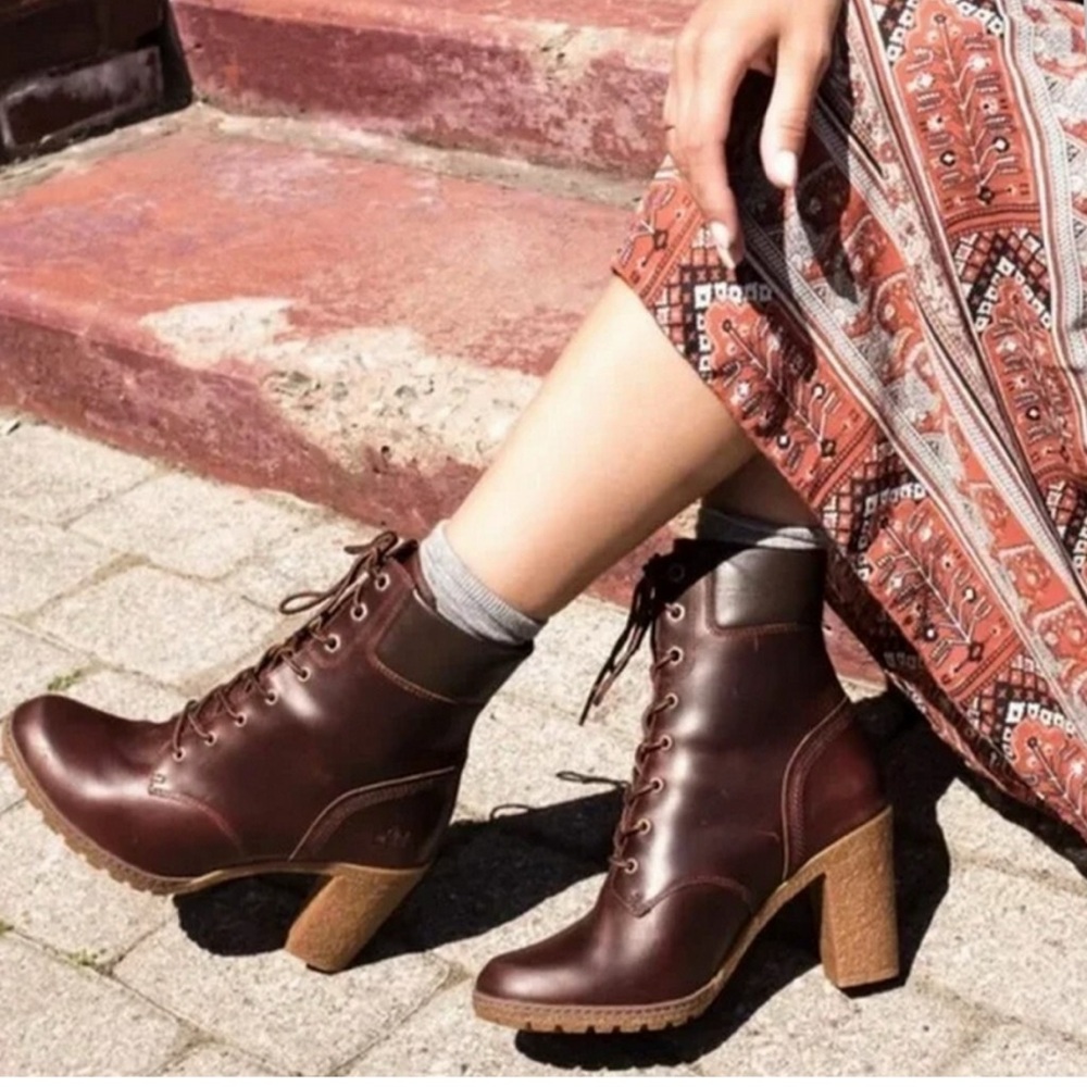 💫Timberland Women's Brown Glancy Distressed Lace-up Heeled Boots, Size 8